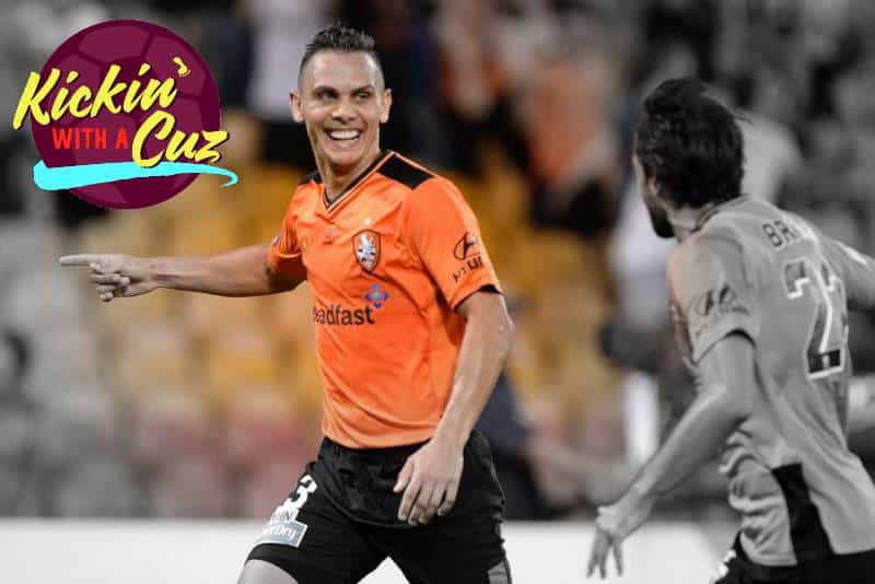 Former Socceroo Jade North while playing for the brisbane roar, with the Kickin' with a Cuz logo in the top left hand corner.